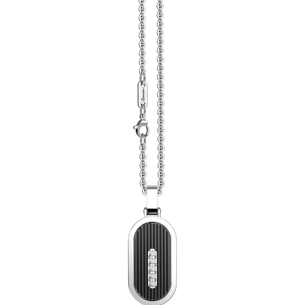 Collana Zancan in acciaio con piastrina e zaffiro bianco.