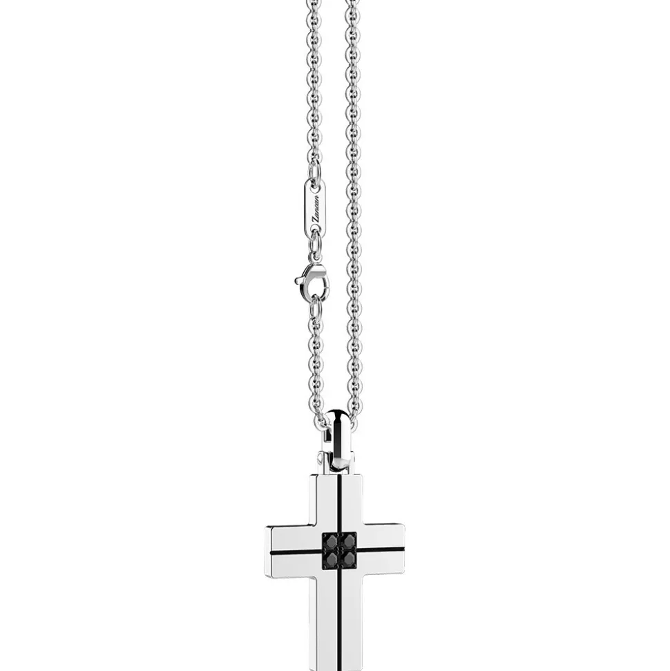 Collana Zancan in acciaio con croce e brillanti neri.