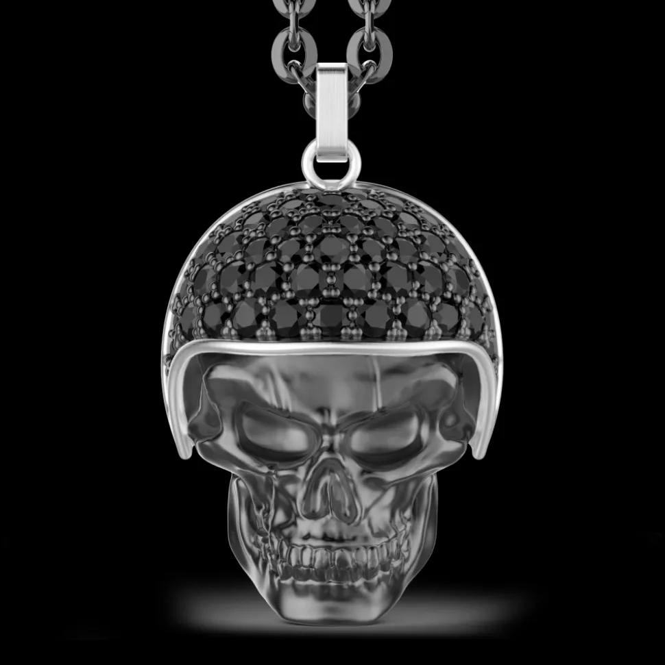 Collana Zancan in argento brunito con pendente teschio biker con pietre nere.