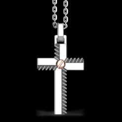 Collana Zancan in argento con pendente a croce e vite in oro rosa.