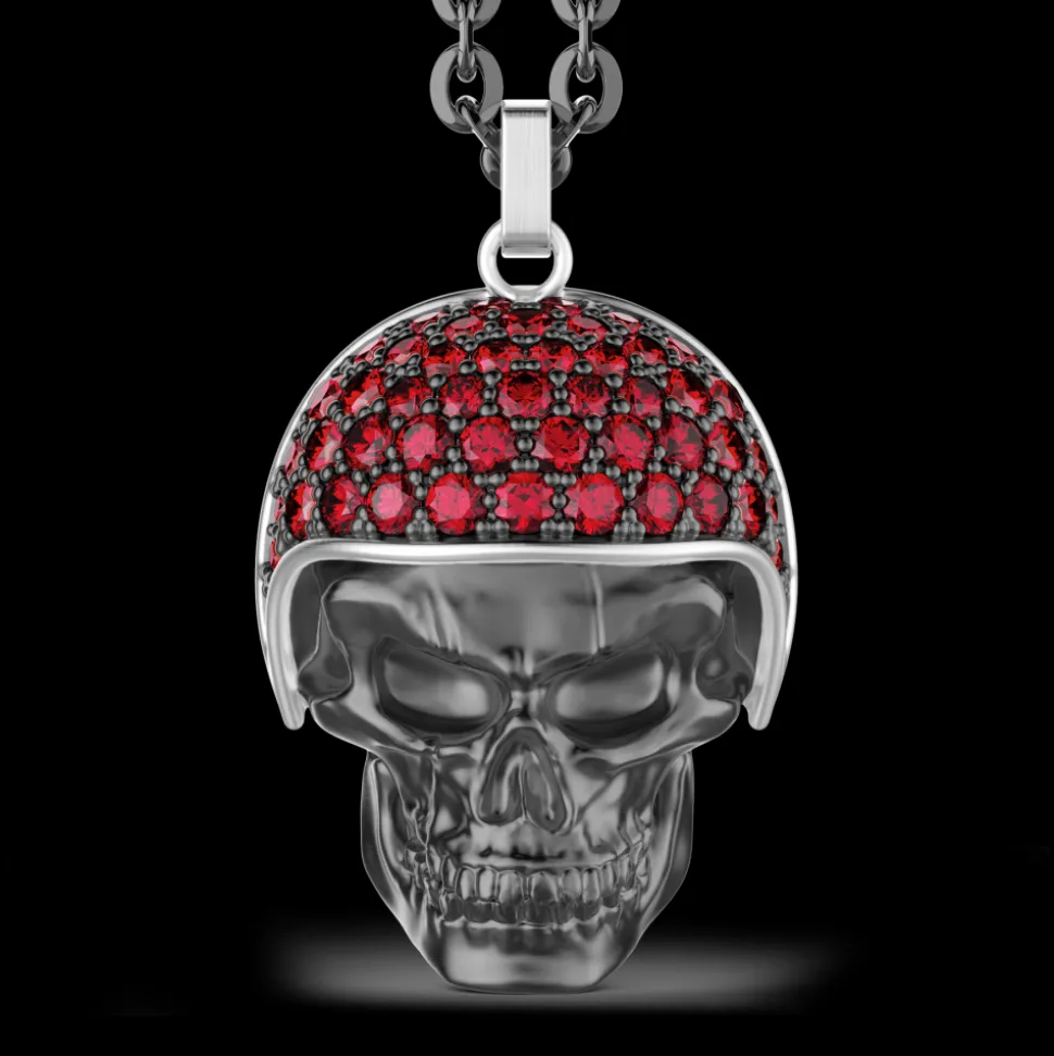 Collana Zancan in argento con pendente teschio biker con pietre rosse.