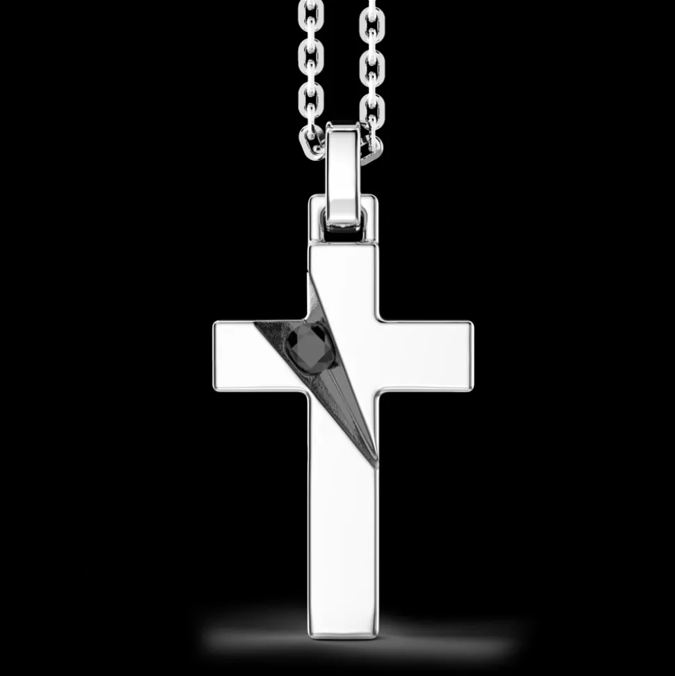 Collana Zancan in argento con pendente a croce e pietre nere.