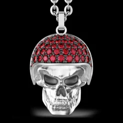 Collana Zancan in argento con pendente teschio biker con pietre rosse.