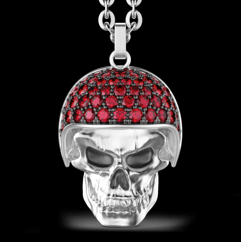 Collana Zancan in argento con pendente teschio biker con pietre rosse.
