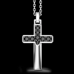 Collana Zancan in argento con pendente a croce e pietre nere.