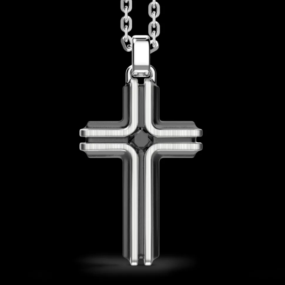 Collana Zancan in argento con pendente a croce e pietra nera.