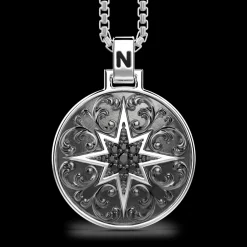 Collana Zancan in argento con pendente a rosa dei venti e pietre nere.
