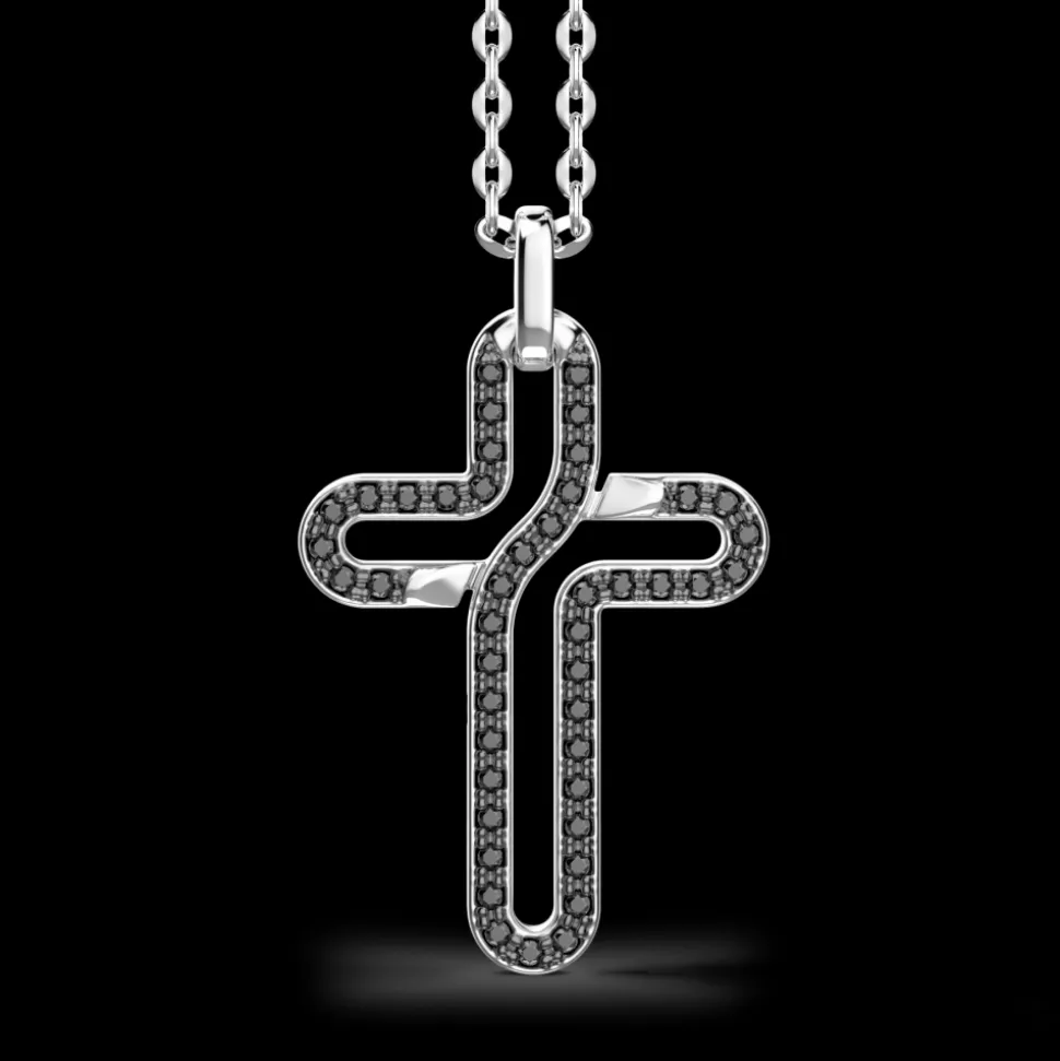 Collana Zancan in argento con pendente a croce e pietre nere.