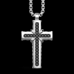 Collana Zancan in argento con pendente a croce e pietre nere.