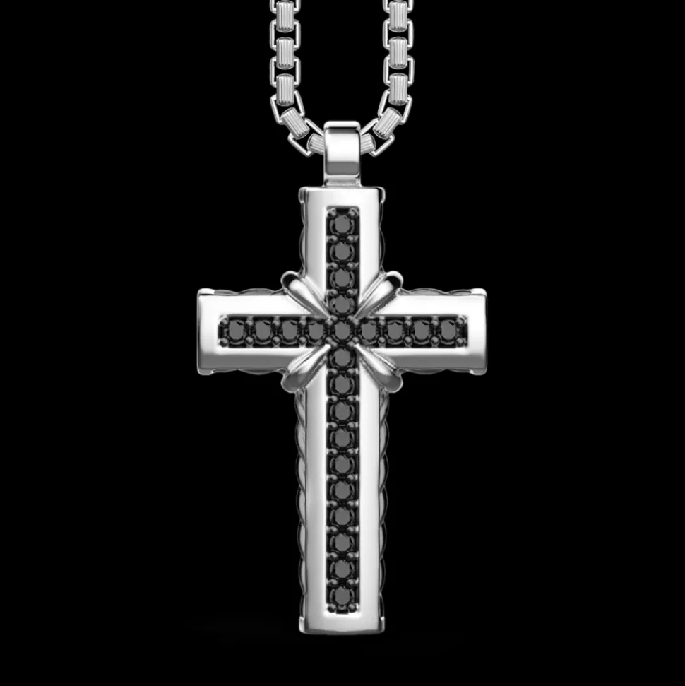 Collana Zancan in argento con pendente a croce e pietre nere.