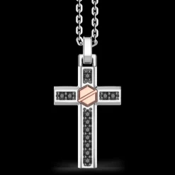 Collana Zancan in argento con pendente a croce vite in oro rosa e pietre nere.