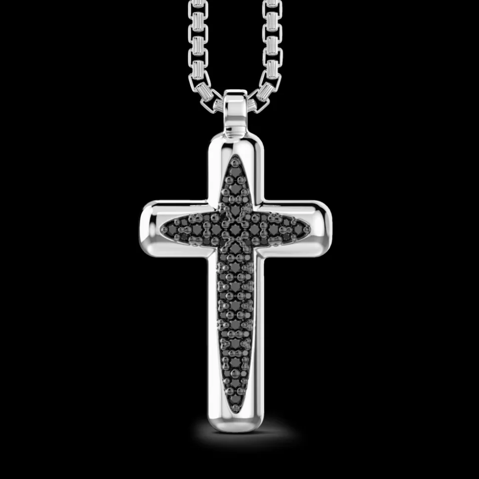Collana Zancan in argento con pendente a croce e pietre nere.