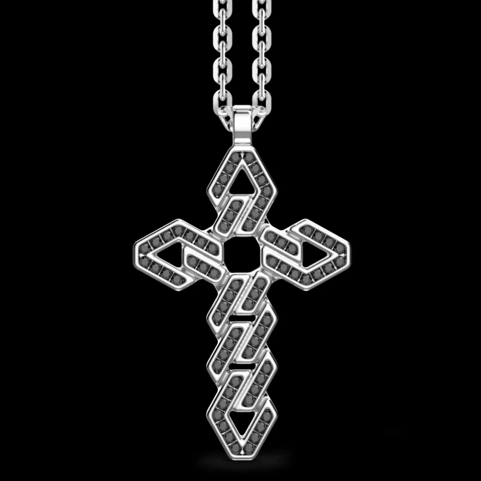 Collana Zancan in argento con pendente a croce e pietre nere.