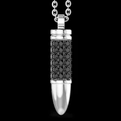 Collana Zancan in argento con proiettile e pietre nere.