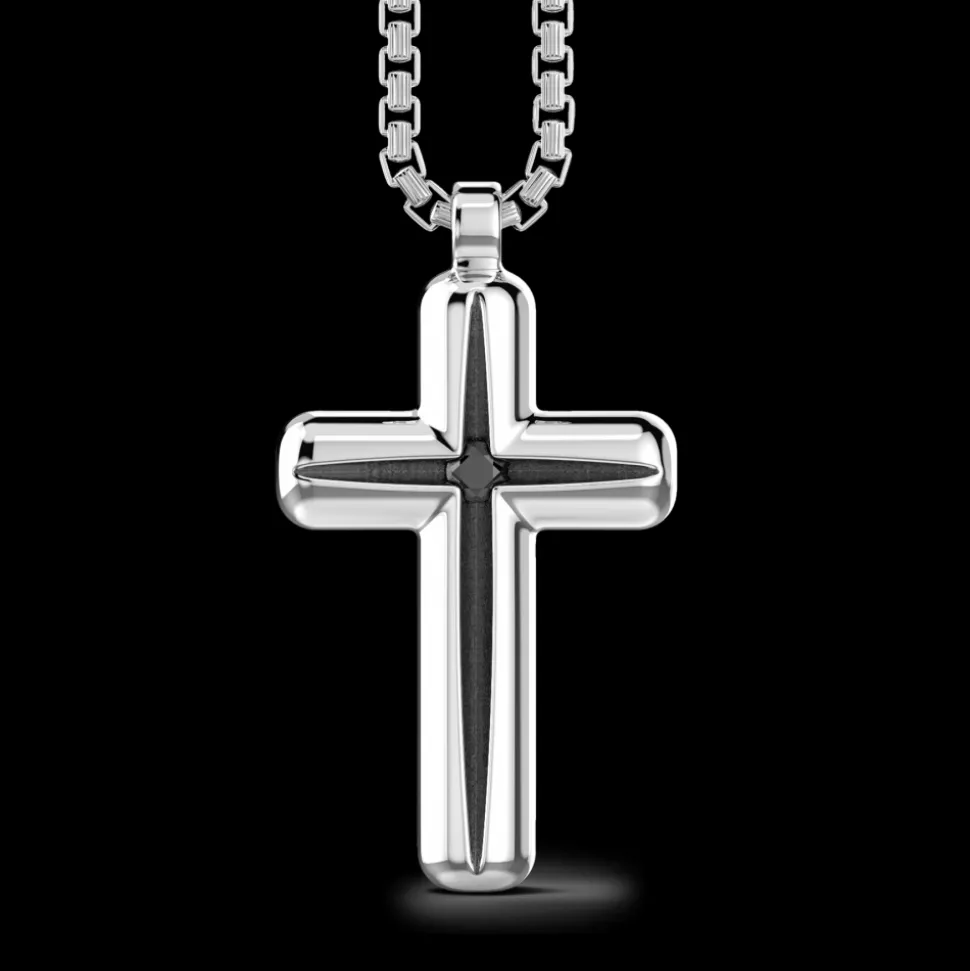 Collana Zancan in argento con pendente a croce e pietra nera.