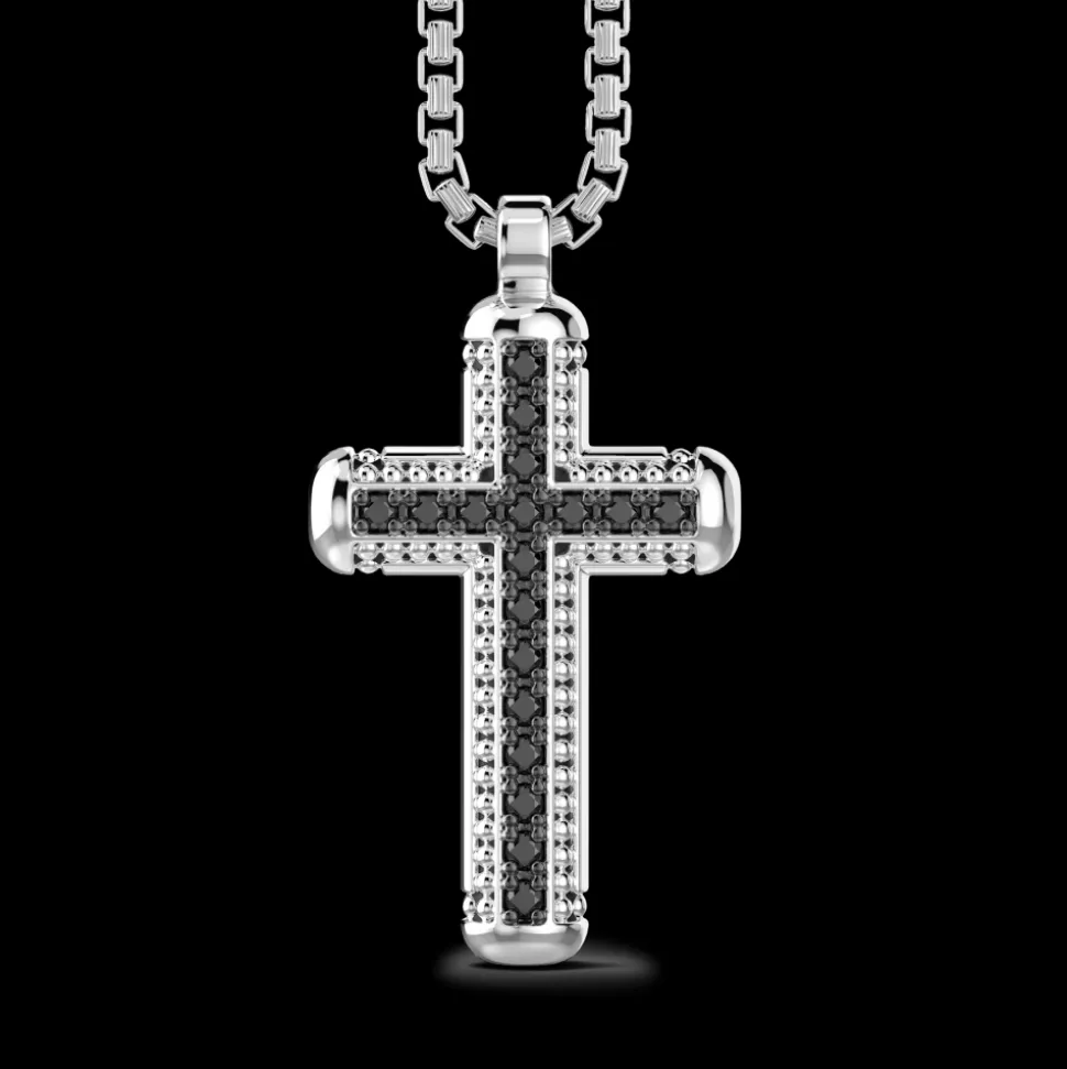 Collana Zancan in argento con pendente a croce e pietre nere.