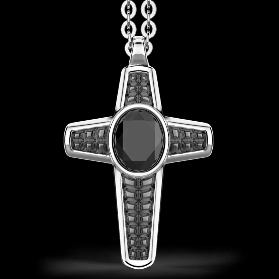 Collana Zancan in argento con pendente a croce e pietra nera.