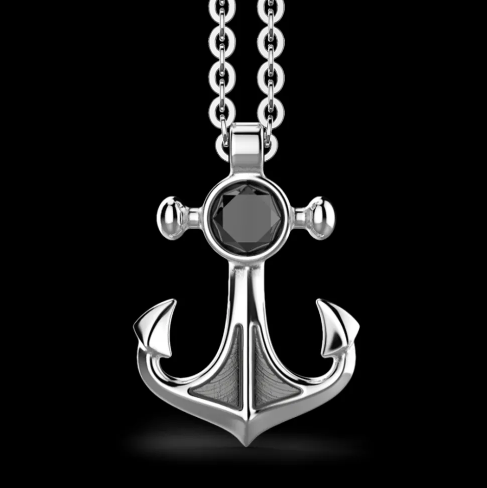 Collana Zancan in argento con pendente ad ancora e pietra nera.