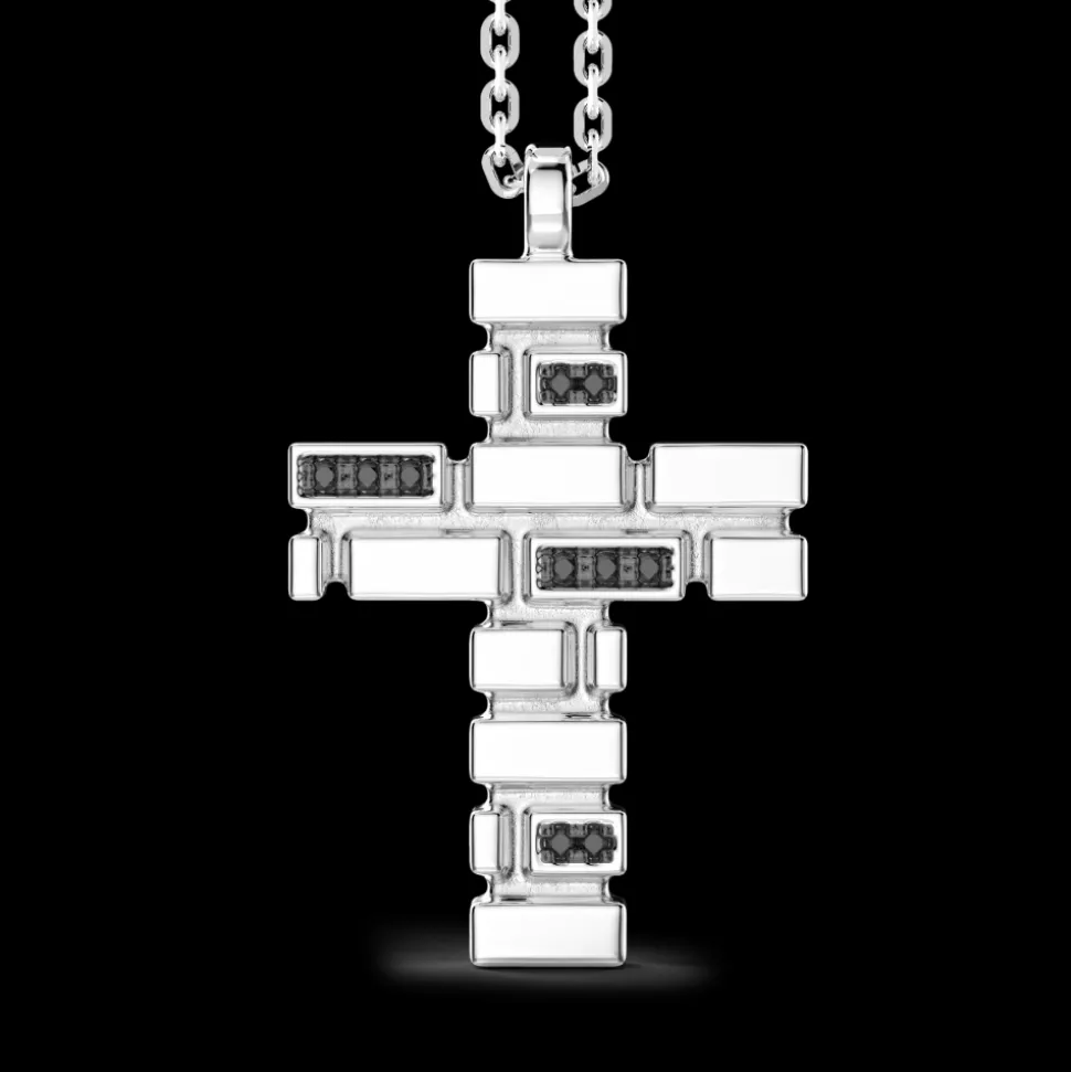 Collana Zancan in argento con pendente a croce e pietre nere.