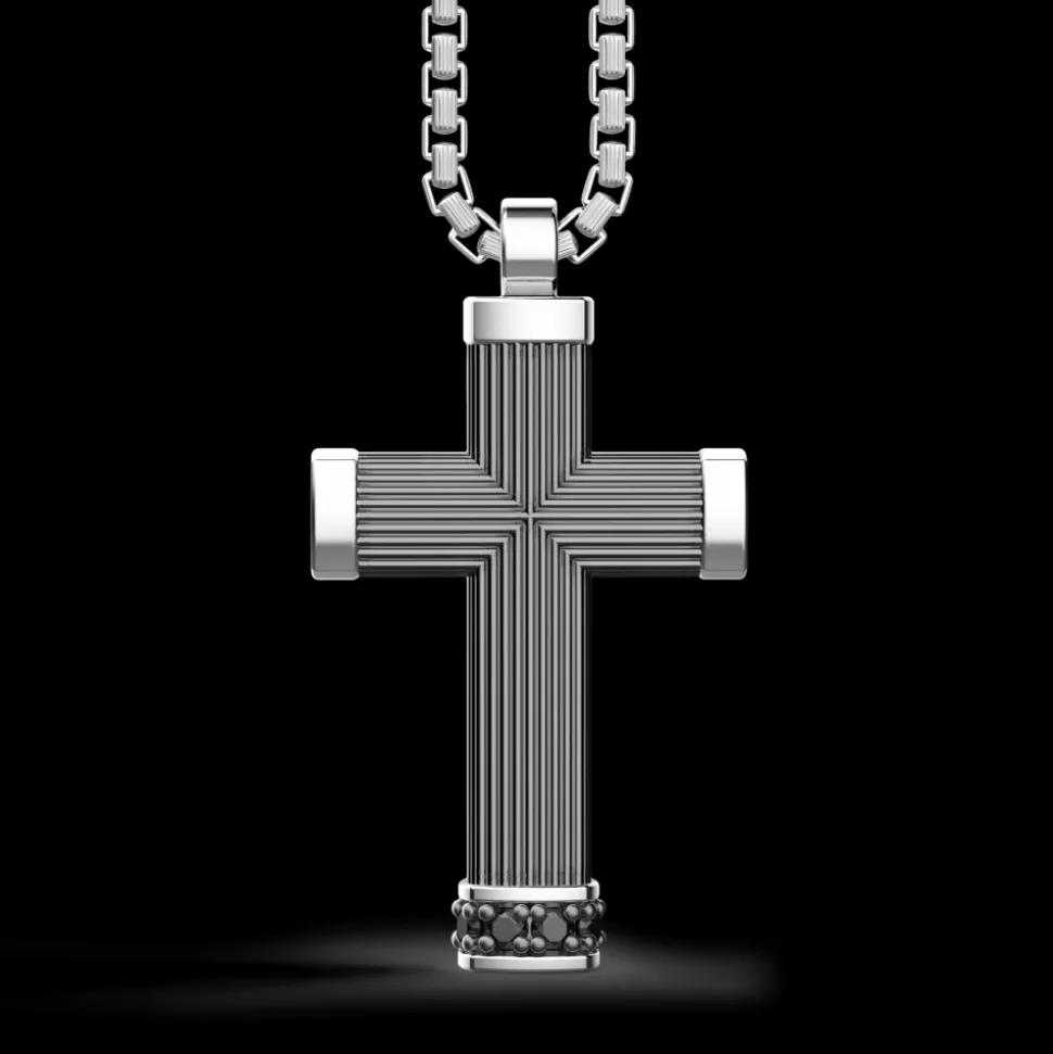 Collana Zancan in argento brunito con pendente a croce e pietre nere.