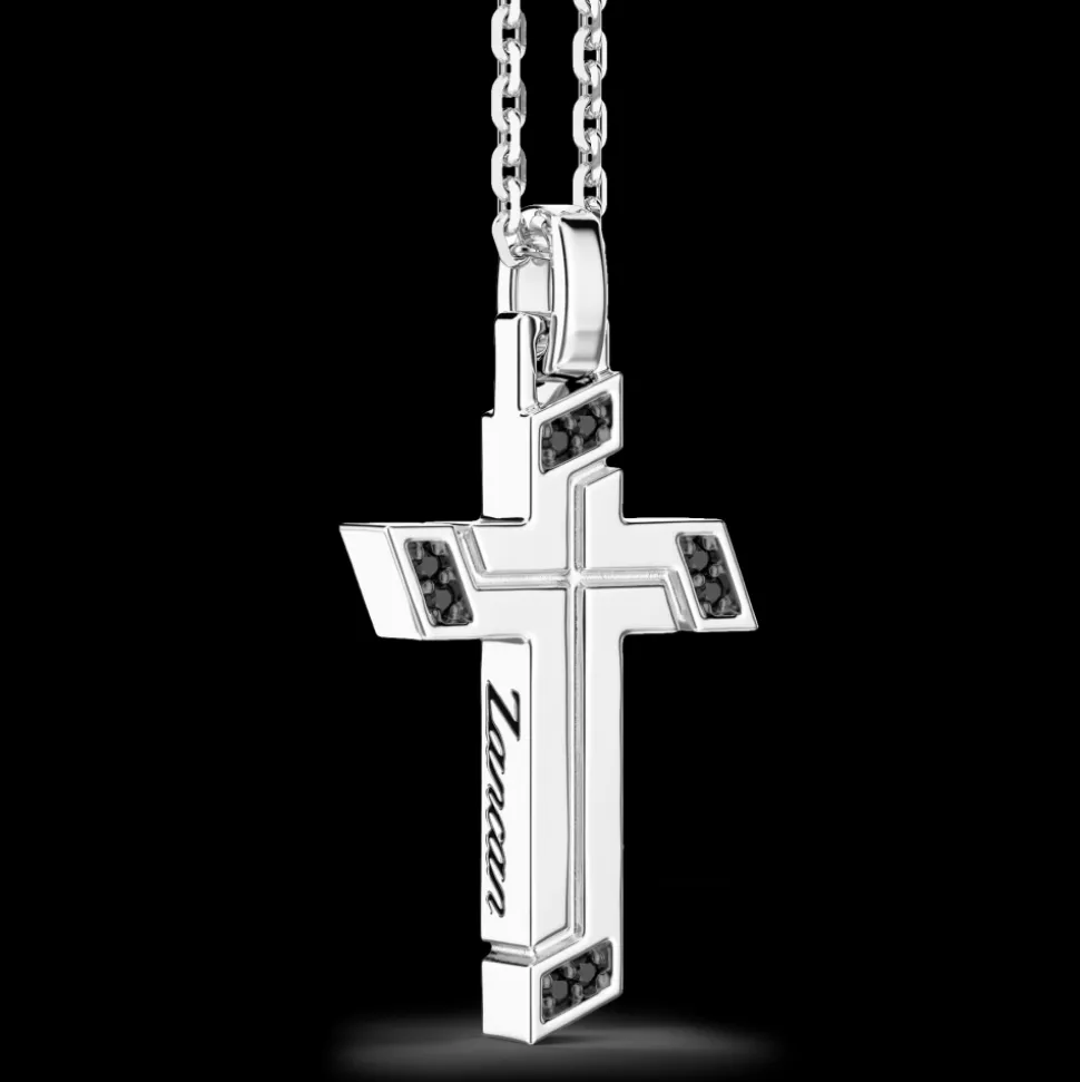 Collana Zancan in argento con pendente a croce e pietre nere.