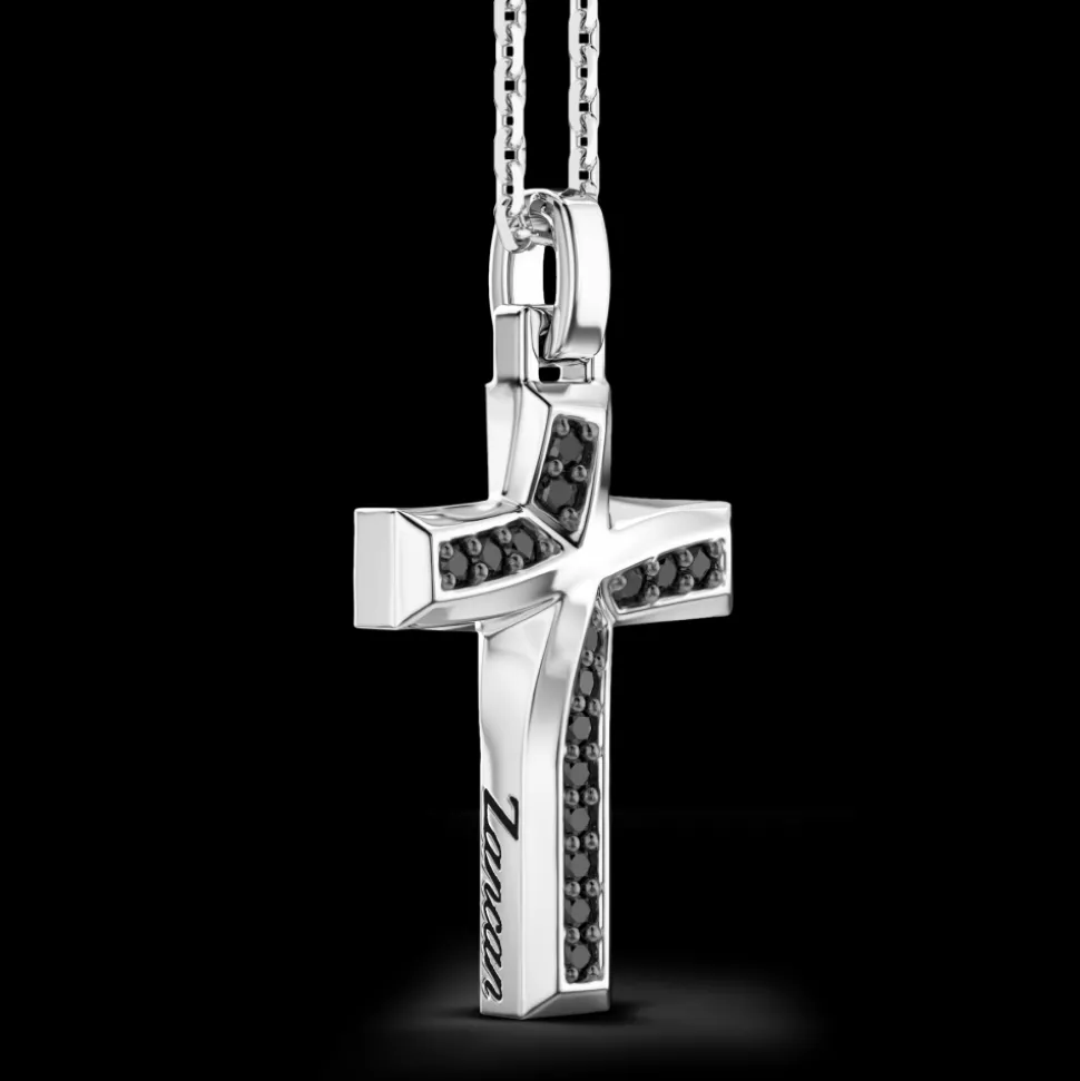 Collana Zancan in argento con pendente a croce e pietre nere.