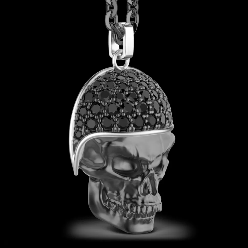 Collana Zancan in argento brunito con pendente teschio biker con pietre nere.