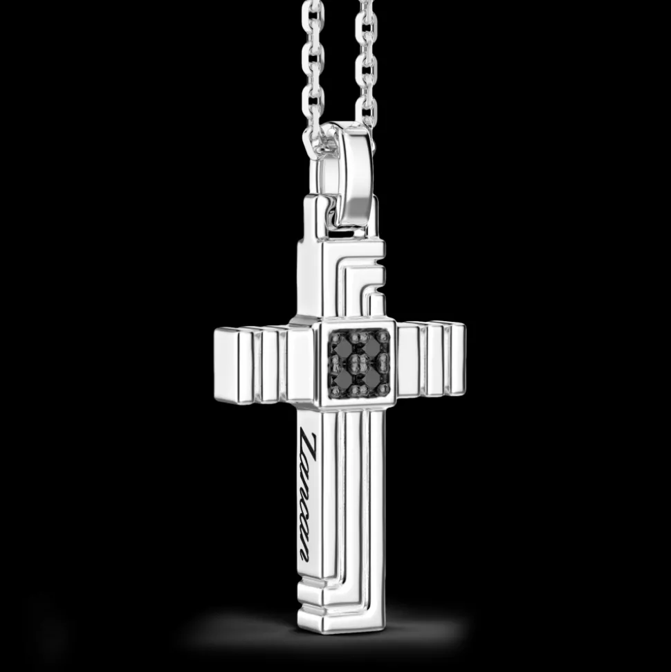 Collana Zancan in argento con pendente a croce e pietre nere.