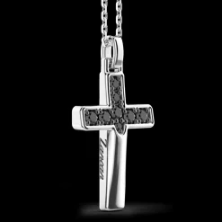 Collana Zancan in argento con pendente a croce e pietre nere.