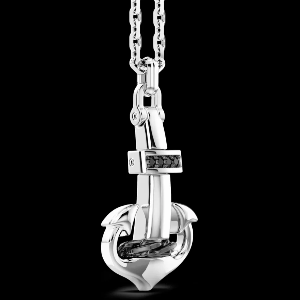 Collana Zancan in argento con pendente ad ancora e pietre nere.