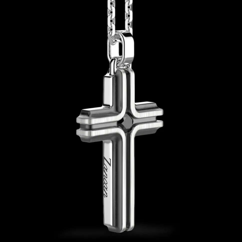 Collana Zancan in argento con pendente a croce e pietra nera.