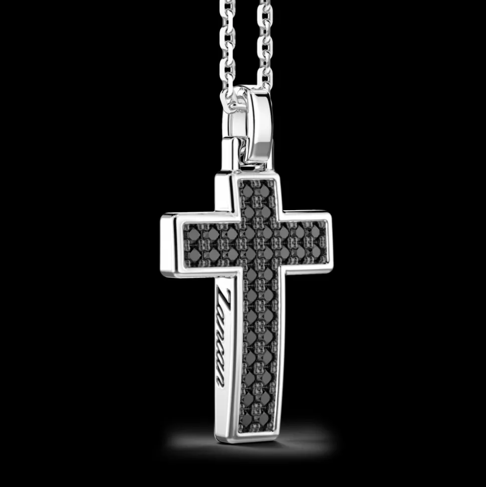 Collana Zancan in argento con pendente croce e pietre nere.