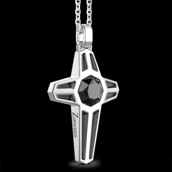 Collana Zancan in argento con pendente a croce e pietra nera.