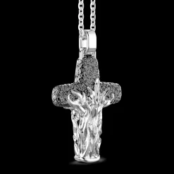 Collana Zancan in argento con pendente a croce con motivo fiammeggiante.