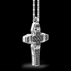 Collana Zancan in argento con pendente a croce e pietre nere.
