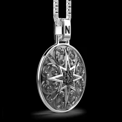 Collana Zancan in argento con pendente a rosa dei venti e pietre nere.
