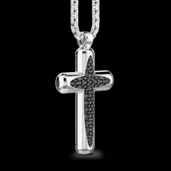 Collana Zancan in argento con pendente a croce e pietre nere.