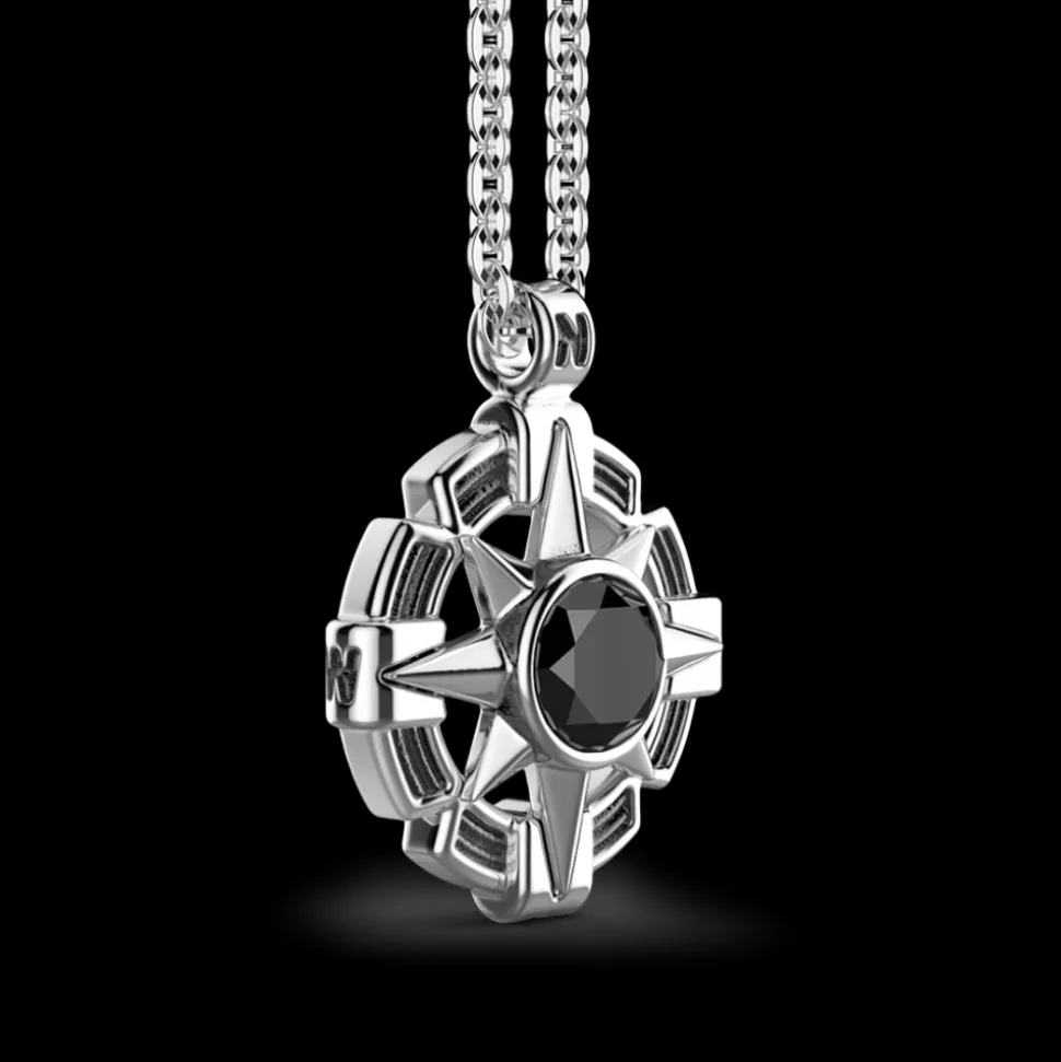 Collana Zancan in argento con pendente a rosa dei venti e pietra nera.