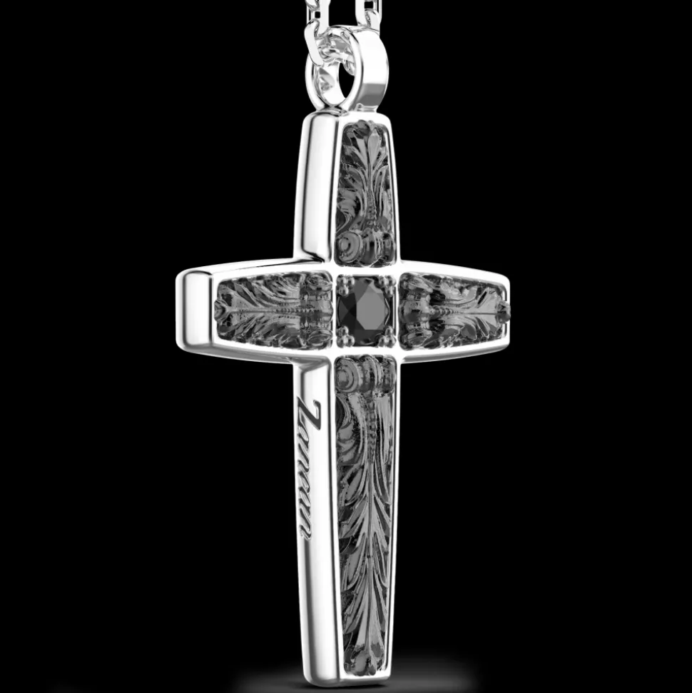 Collana Zancan in argento con pendente a croce e pietre nere.