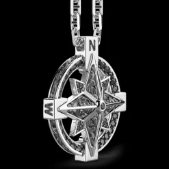 Collana Zancan in argento con pendente a rosa dei venti e pietre nere.