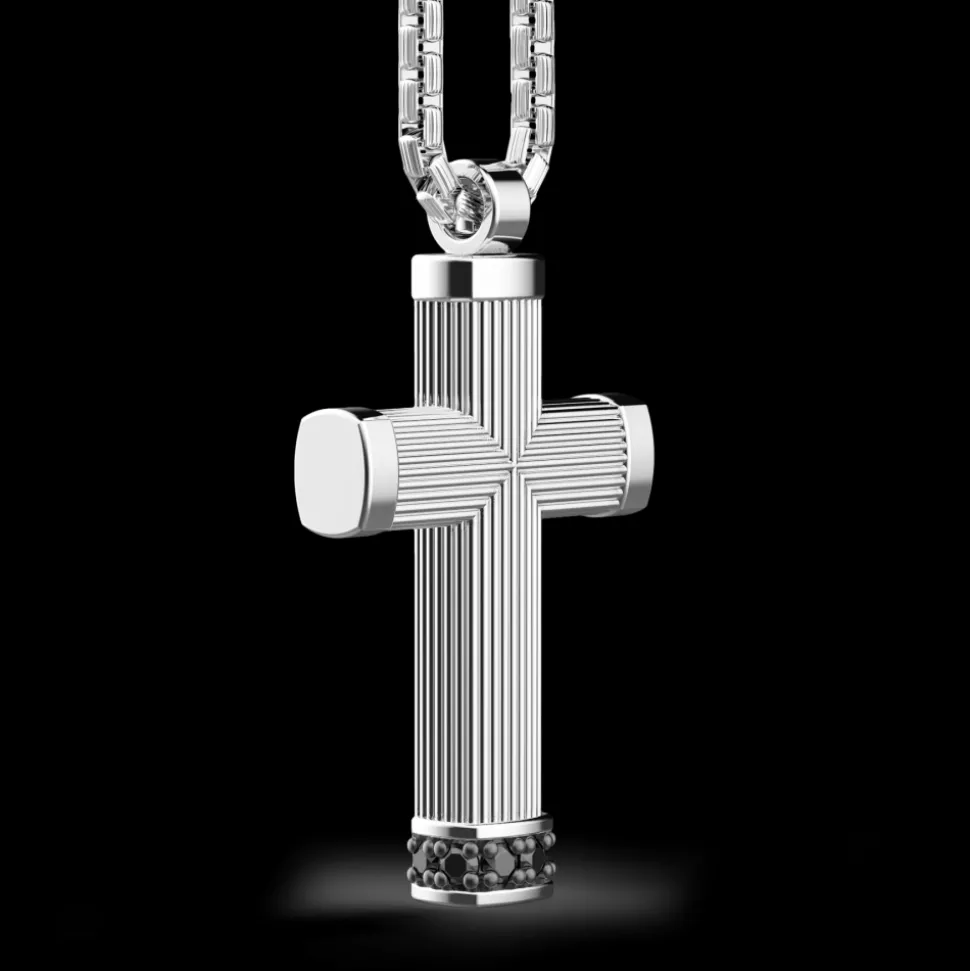 Collana Zancan in argento con pendente a croce e pietre nere.