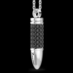 Collana Zancan in argento con proiettile e pietre nere.
