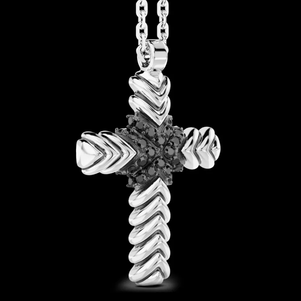 Collana Zancan in argento con pendente a croce e pietre nere.