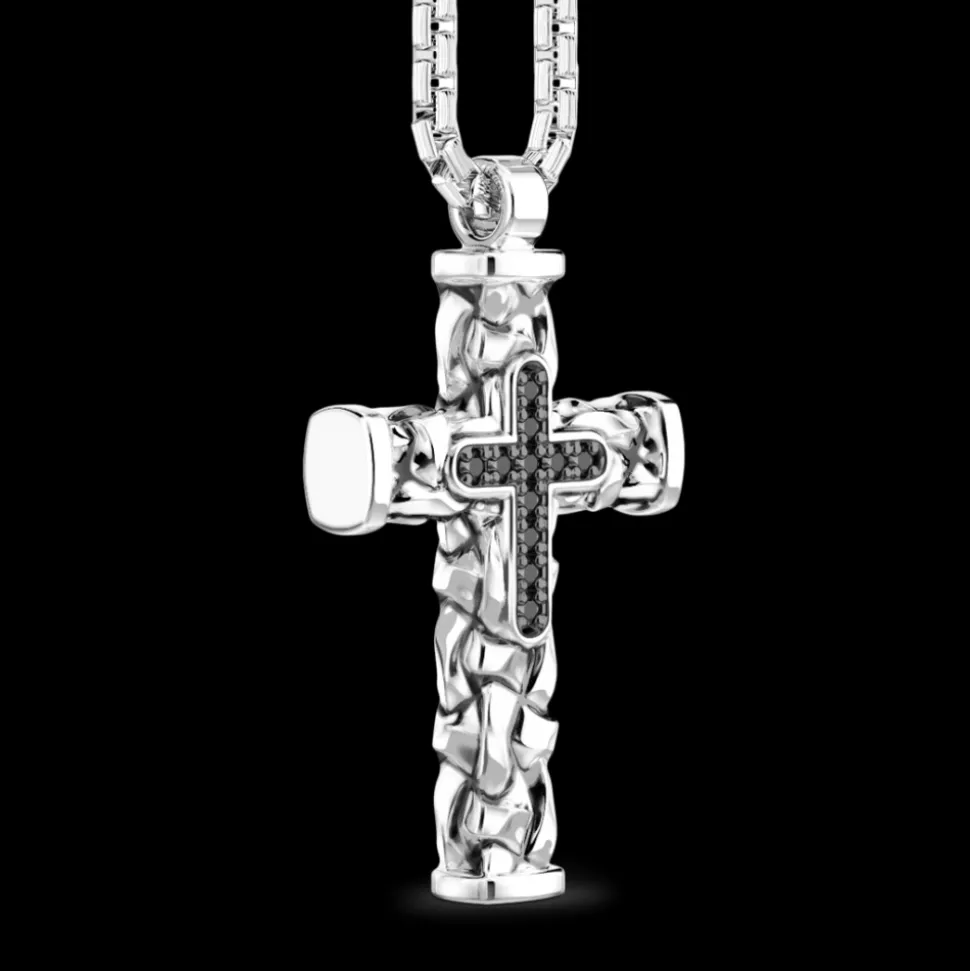 Collana Zancan in argento con pendente a croce e pietre nere.
