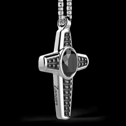 Collana Zancan in argento con pendente a croce e pietra nera.