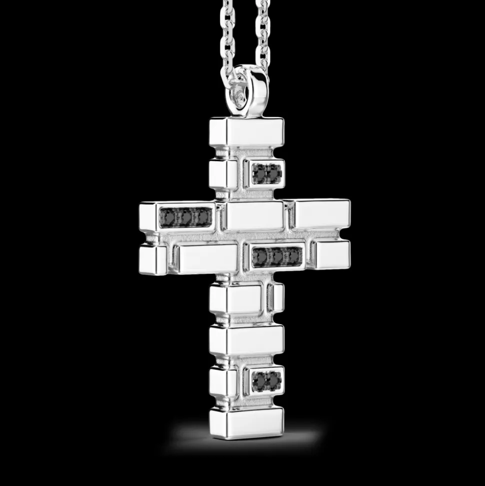 Collana Zancan in argento con pendente a croce e pietre nere.