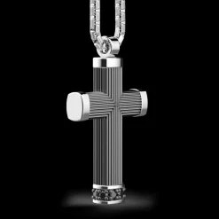 Collana Zancan in argento brunito con pendente a croce e pietre nere.