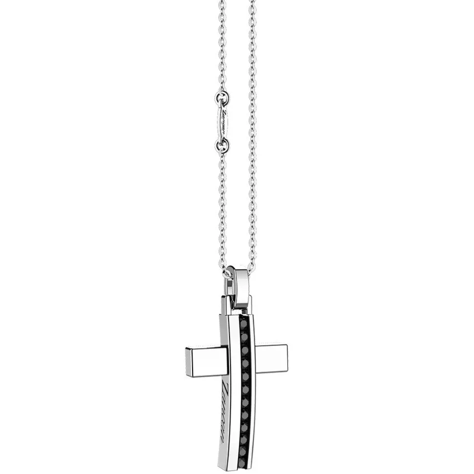 Collana Zancan in argento con pendente a croce e pietre nere.