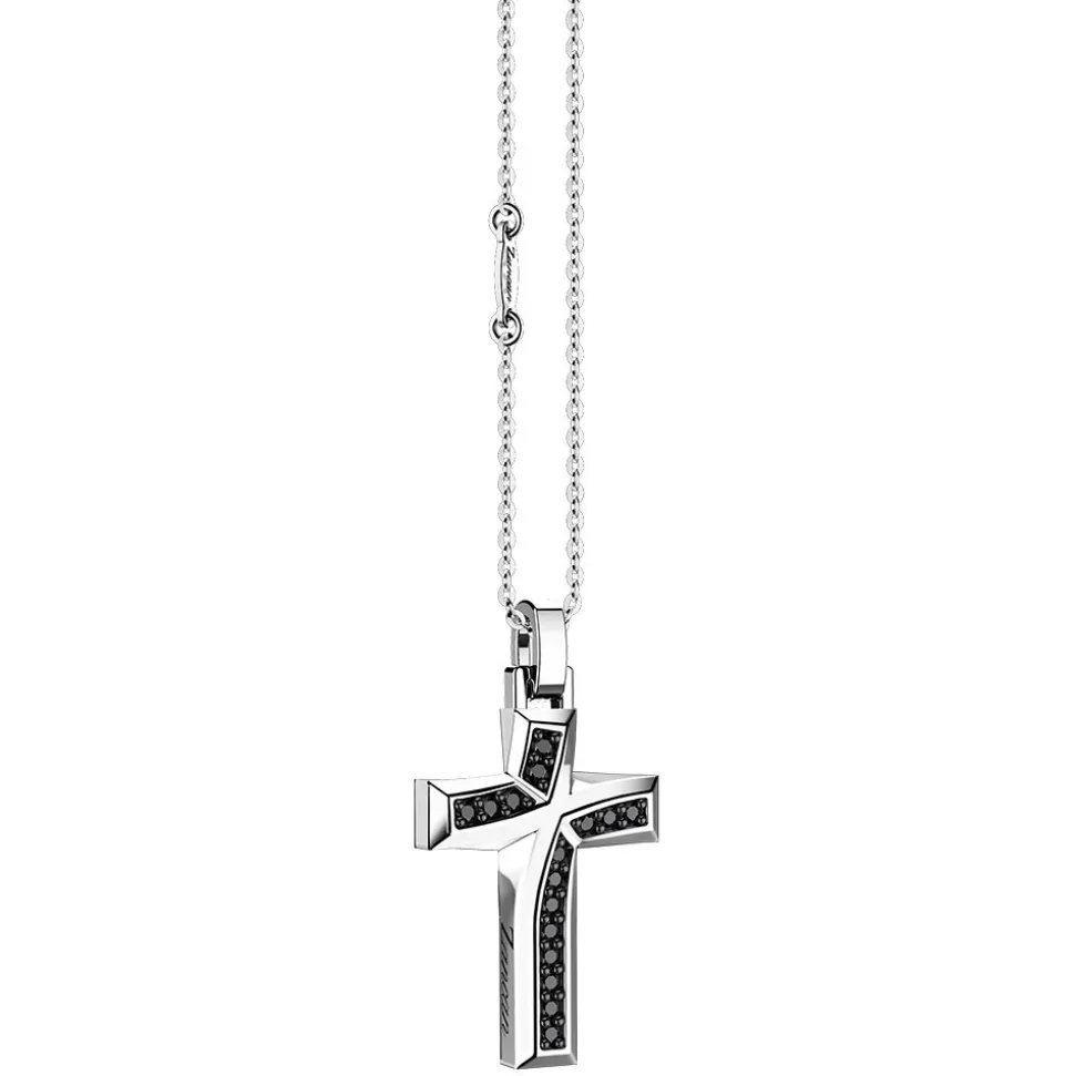 Collana Zancan in argento con pendente a croce e pietre nere.