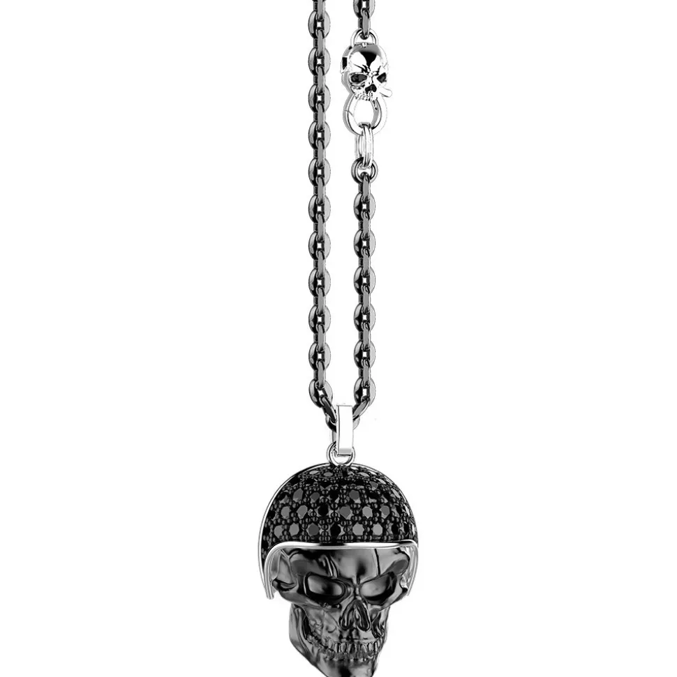 Collana Zancan in argento brunito con pendente teschio biker con pietre nere.